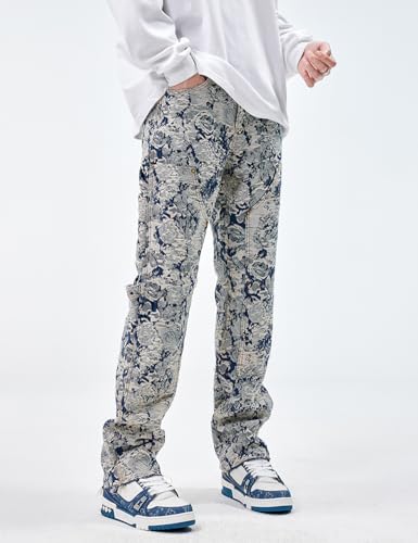 Men Jacquard Weave Distressed Ripped Denim Jeans3