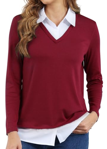 Image of Vldnery Womens Fall Winter Sweater 2025 Trendy Clothes Oversized V Neck Long Sleeve Shirts 2 in 1 Outfit Casual Pullover Tops