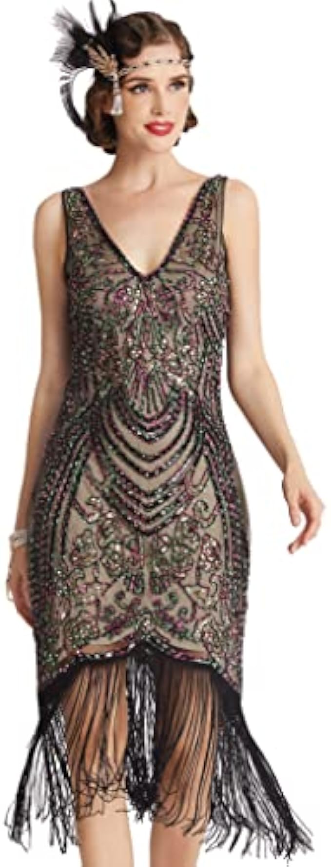 BABEYOND Flapper Dresses 1920s V Neck Beaded Fringed Great Gatsby Dress