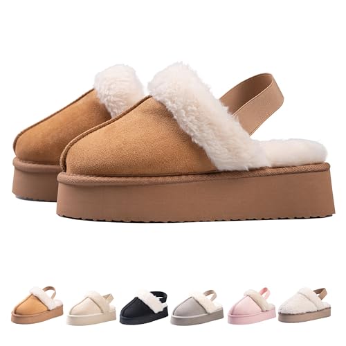 E E EMPTY ENTIRE Womens Platform Slippers, Suede Fuzzy Slippers with Strap Color: Chestnut Size: 11