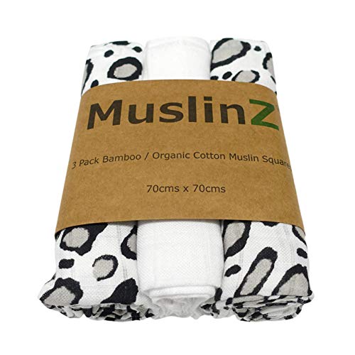 MuslinZ Sensory Baby Muslin Squares, Large Muslin Swaddle, Burp Cloth, Monochrome Print for visual stimulation. Bamboo-Organic Cotton Mix soft, absorbent and breathable (Leopard, 70x70cm)