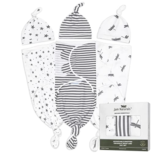 Image of Jam Naturals- Organic Knotted Tie Bottom Adjustable Velcro Swaddle and Hat Set of 3, Newborn Sleep Sack (0-3m, 7-14lbs Grey)