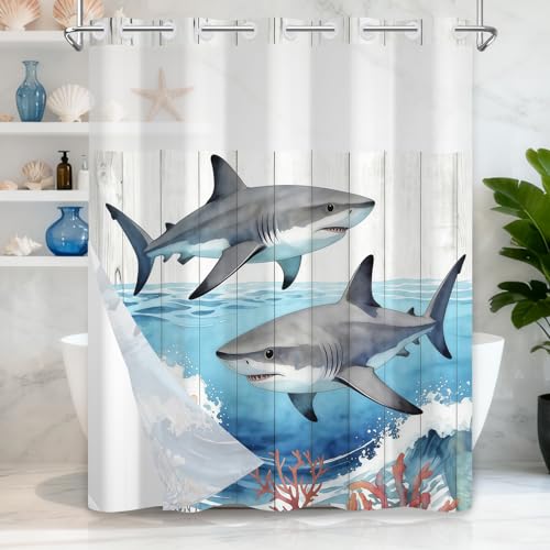 TQUQOBU Funny Shark Shower Curtain and Liner Set Waterproof No Hook Shower Curtain with Translucent Top Mesh Window Nautical Coastal Ocean Wave Rustic Wooden Farmhouse Bathroom Curtains 71x74 Inch