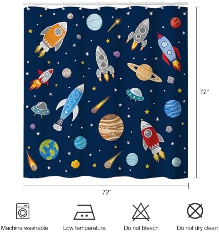ZCHOMI Outer Space Shower Curtain for Kids Cartoon Rocket Planets Stars Blue Universe Galaxy Boys Bathroom Decor Waterproof Fabric Bath Curtain 72 x 72 Inch with 12 Hooks - 4