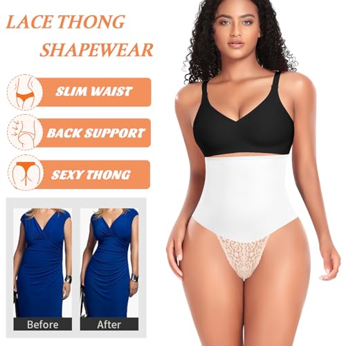 Image of Werena Tummy Control Thong Shapewear for Women Mid High Waisted Body Shaper Underwear Lace Shaping Thong Girdle Panties