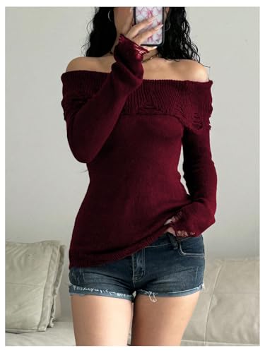 Image of MakeMeChic Women's Ripped Bell Sleeve Sweaters Off The Shoulder Knitted Pullovers Top