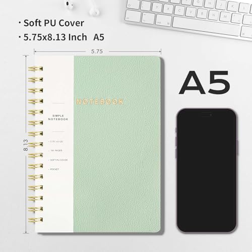 Image of Spiral Notebook-5.75 inch x 8.125 inch College Ruled Journal with Inner Pockets and 160 Pages,PU Leather Cover Business Journal, Twin-Wire Binding Notebook Perfect for Office & Home School Supplies Mint Green