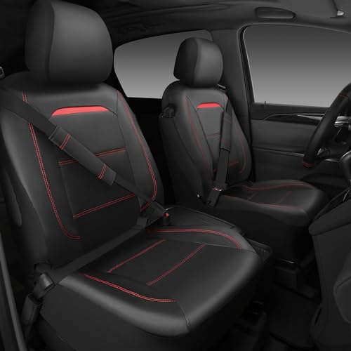 Image of CAR PASS Leather Car Seat Cover Full Set with Steering Wheel Cover and 2PCS Seat Belt Shoulder Pads,for Trucks and SUV with Built-in Seatbelts and Front Seat Side Armrests(Combo Set, Black and Red)