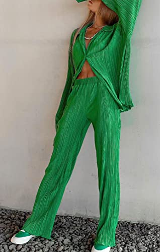 Rmasyea Womens 2 Pieces Casual Pleated Outfits Set Loungewear Y2K Long Sleeves Wide Leg Pants Pajamas Streetwear (Green, Xl) #TOP2