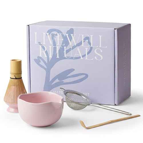 Livewell Rituals Matcha Kit Ceramic Bowl and Whisk Set Pink 5 Pc