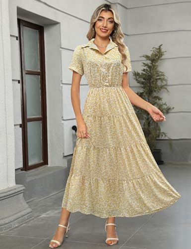 Image of Kranda Women 2026 Summer Collared V Neck Short Sleeve Button Down Chiffon Long Tiered Floral Maxi Dress with Pockets