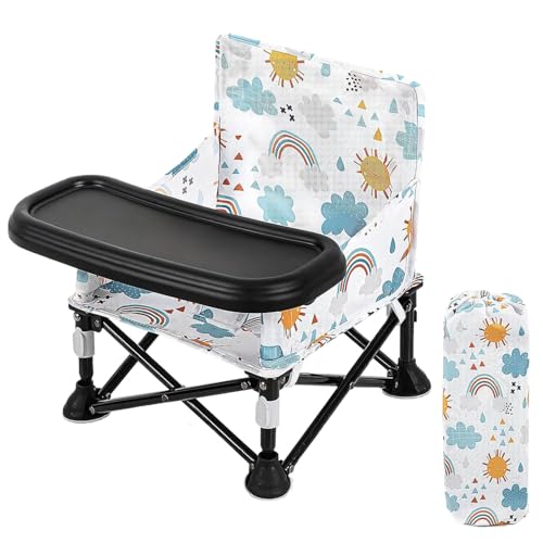 LADIDA Foldable Baby Travel Seat Booster Toddlers Dining Seat Removable Tray with Travel Bag Portable Folding Booster Feeding Chair for Children Toddlers Infants (White Rainbow) 303