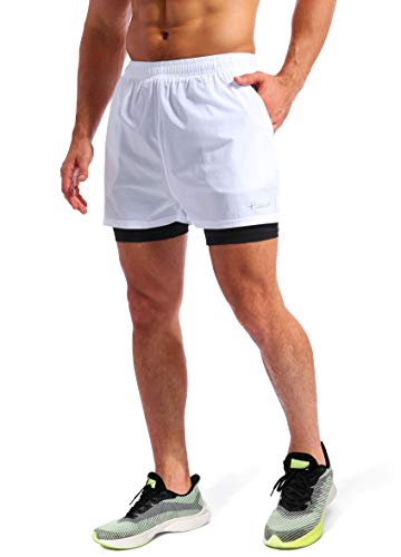 Image of Pudolla Men's 2 in 1 Running Shorts 5 inch Quick Dry Gym Athletic Workout Shorts for Men with Phone Pockets