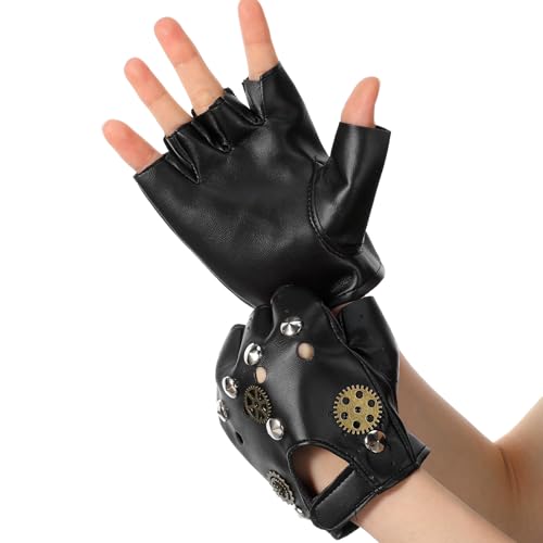 Quilax Steampunk Gloves, Fingerless Motorcycle Gloves, PU Leather Retro Steampunk Accessories with Gears Rivet, Steam Punk Clothes Men Women for Halloween Cosplay Dress Up (Black)