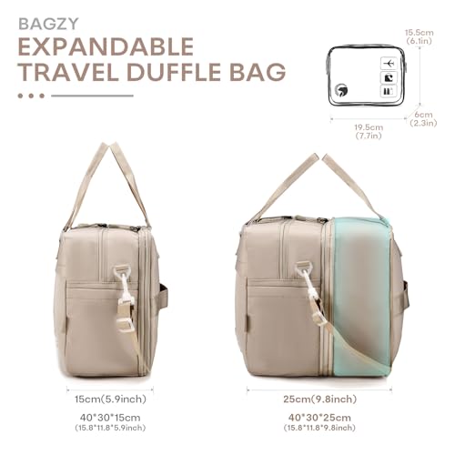 BAGZY 40x30x15cm Personal Item Travel Bag Expandable 40x30x25cm Gym Bag Lightweight Duffle Bag Mens Weekender Bags for Women with Wet Pocket for Overnight Hospital Carry on Bags for Airplanes Beige3