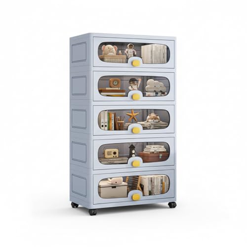 Image of House of Quirk 5-Layer Stackable Collapsible Storage Box Cabinet with Wheels & Flip Doors - 50cm Plastic Storage Box for Home, Kitchen, Closet & Toy Organization (Grey)