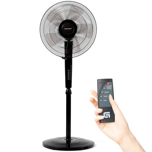 Grunkel Ventilador de pie programable 16' con 3 velocidades FAN-N16ECOTIMER y 60W con mando distancia, con altura regulable de hasta 128cm (Negro)