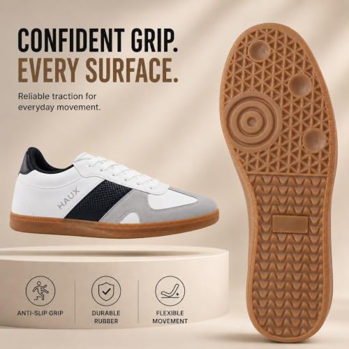 Image of HAUX Men's Retro Low Top Sneakers | Gum Sole Casual Shoes for Men | Classic Samba Style White Black Sneakers | Lightweight Comfortable Lace Up Shoes for Office College