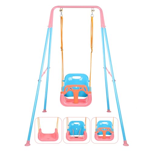 Image of 3-in-1 Toddler Swing Set, Foldable Baby Swing with Stand, Indoor & Outdoor Kids Swings Sets, Multifunctional Swings for Home Backyard, Easy to Install and Store (Blue Pink)