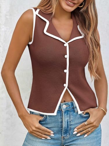 Saodimallsu Womens Sleeveless Sweater Vest Button Color Block Sexy V Neck Collared Summer Knit Tank Tops3