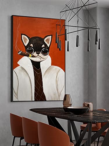 Peinture Grand Format pour Couloir Sombre Chien Zodiaque Rouge Feuille d'Or Épaisse
