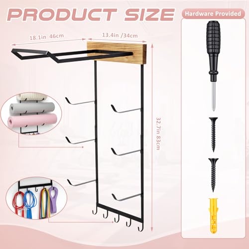 Image of Geelin Yoga Mat and Ball Holder Wall Mount, 4-Tier Yoga Mat & Ball Storage Rack, Home Gym Organizer, Black Metal Floating Shelf for Hanging Foam Rollers & Resistance Bands(5 Hooks Style,Wood Color)
