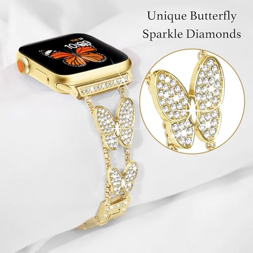 Image of Butterfly Band for Apple Watch Bands 40mm 41mm 42mm for Women Gold | 42mm(S11 /10) 38mm iWatch SE Series 11 10 9 8 7 6 5 4 3, Slim Thin Metal Fancy Bling Cute Dressy Strap for Apple Watch Band