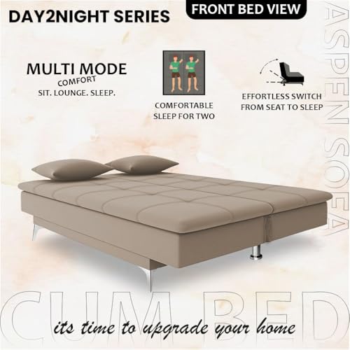 Image of Adorn India Premium New Aspen 3 Seater Sofa Cum Bed 4X6 Velvet Suede with 2 Cushions (Color Beige) and Suitable for All Indoor, with 3 Years Warranty