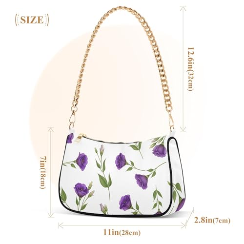 Purple Floral White Handbag Medium Womens Ladies Shoulder Bag Floral Zipper Hobo Purse Clutch with Chain Strap3