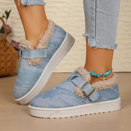 Womens Winter Fluffy Full Slippers Warm Platform Buckle Strap House Slippers Comfy Cotton Fleece Lined Lightweight Loafer Indoor Outdoor Non-Slip Canvas Flat Snow Boots Walking Shoes2