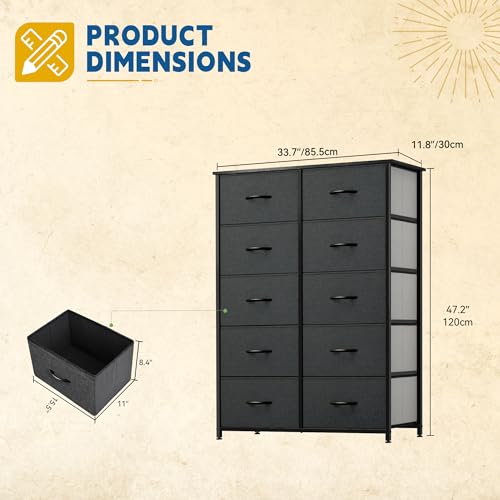 DWVO 10 Drawer Dresser - Fabric Storage Tower, Organizer Unit for Room, Living Room, Hallway, Closets - Sturdy Steel Frame, Wooden Top & Easy Pull Fabric Bins