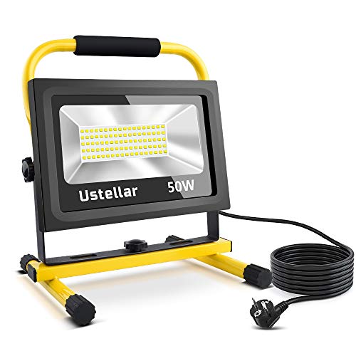 Ustellar 4000LM 50W Foco LED Trabajo con 5M Cable, LED Proyector de Construcción Impermeable IP65, Lámpara Luz Portátil Camping, Iluminación Exterior Interior de Noche