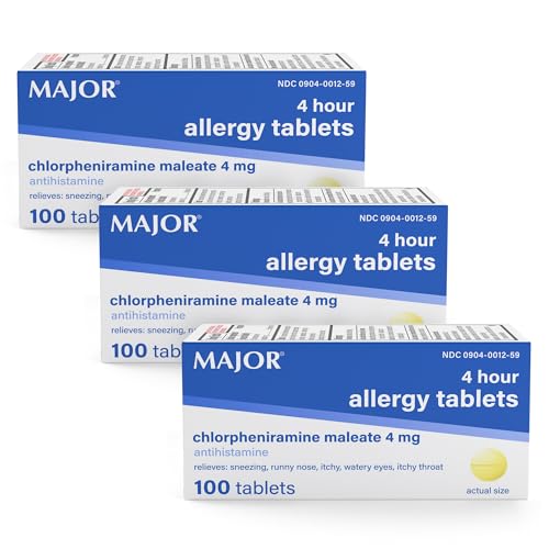 MAJOR 4 Mg Allergy Tablets - Chlorpheniramine Maleate 4-Hour Allergy Medicine - Antihistamine for Relief of Sneezing Itchy Watery Eyes Itchy Throat and Runny Nose - 100 Count (3 Pack)