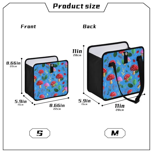 Image of Car Trash Can Organizer Bin with Adjustable Strap for Back Front Seat Console Waterproof Leakproof Collapsible Portable 11 Inch Bright Blue Mushrooms Leaves and Ladybugs