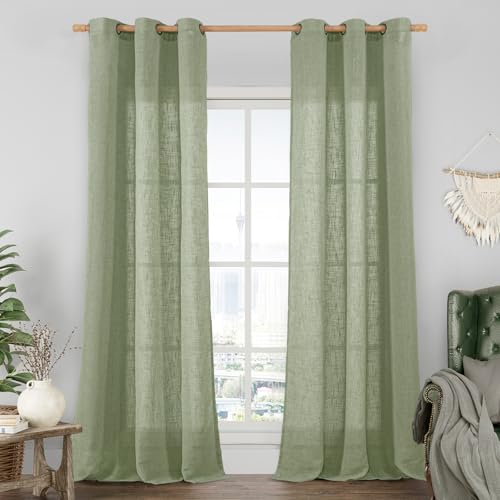 Image of LAMIT Sage Green Linen Curtains 84 inch Length, Semi Sheer Light Filtering Living Room Decor Panels Bronze Grommet Neutral Boho Drapes for Bedroom, 2 Panels Set, 34 x 84 Inch