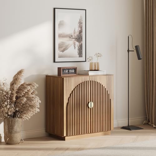 Image of BELLEZE Modular Fluted Sideboard Buffet Cabinet with Storage, Mid-Century Modern Console Table with Symmetrical Arched Doors, Elegant Credenza for Dining Room, Kitchen, and Living Room, Caramel Brown