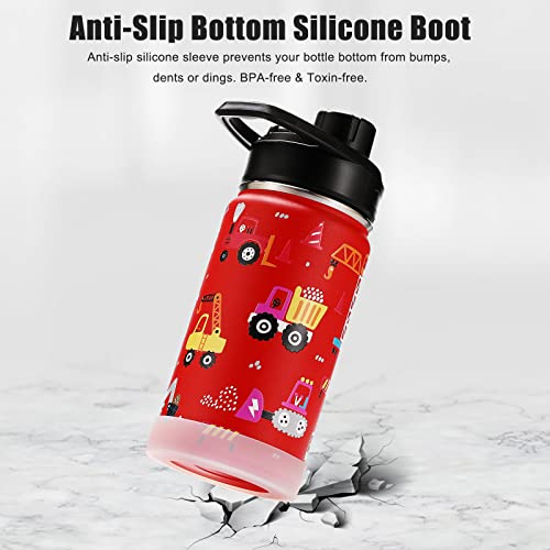 Werewolves 14 Oz Kids Water Bottle With Boot, Vacuum Insulated Stainless Steel Wide Mouth Metal Bottle For Girls, Boys, School - Leakproof Spout Lid, Red Construction Car #TOP2
