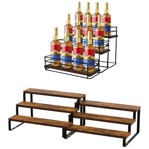 AUATRONNE 12 Bottle Coffee Syrup Organizer Rack, 2 Pack 3-tier Wooden Display Risers Stand Cover