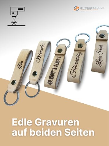 SCHWEGLER.online Schlüsselanhänger personalisiert Leder mit Wunsch-Gravur, handgemacht, Materialstärke 3,5mm, pflanzlich gegerbt, Geschenkverpackung möglich