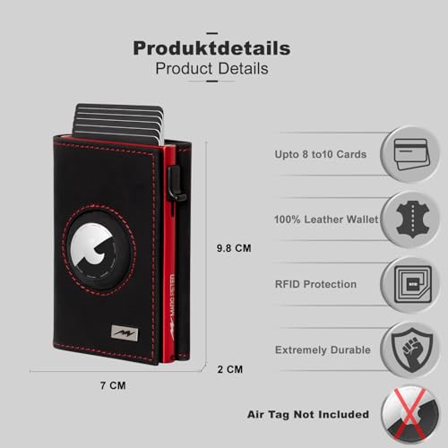 Image of AirTag Wallet - Full Grain Leather, Mens Minimalist Wallet with Apple Air Tag Holder, Slim Smart Pop up Card Case, ID Window, RFID Blocking Wallet for Men and Woman Black /Red