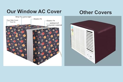Image of The Furnishing Tree Elastic fit waterproof Polyester window ac cover suitable for Croma 1 Ton, Dustproof cover for inner and outer section, In CM: (48.26x59.69x38.74), Floral Pattern Grey