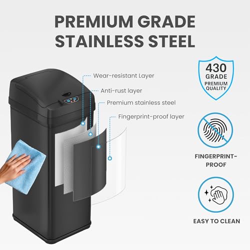 Image of iTouchless 13 Gallon Sensor Trash Can with Lid | Pet Lock and Odor Filter | Patented 50L Auto Motion Sensor Kitchen Garbage Can | Fingerprint-Proof Luxury Stainless Steel Rectangular Wastebasket, Black