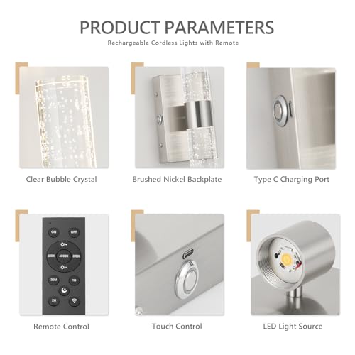 Image of Battery Operated Wall Sconces Set of 2, 20000mAh Rechargeable Wall Light | Remote Control 3000K-6000K Dimmable LED Wireless Sconces,Brushed Nickel,15.6 Inch