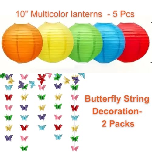 Image of Wanna Party 7 Pcs Colorful Paper Lanterns with 3D Butterflies - Hanging Decoration Set for Birthday, Baby Shower, Valentine's Day, Wedding & Party Celebrations