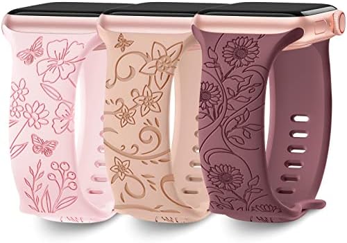 3 Pack Floral Engraved Bands Compatible with Apple Watch Band 40mm 41mm 38mm 42mm 44mm 45mm 49mm Women,Soft Silicone Cute Wildflowers Sport Laser Strap for iWatch Bands Series Ultra SE 8 6 5 4 3 2 1