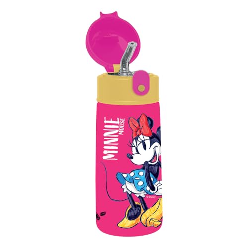 Botella térmica Minnie – para niños con pajita, 460 ml, sin bisfenol A, para guardería, escuela primaria, de acero inoxidable, mantenimiento de temperatura hasta 24 h