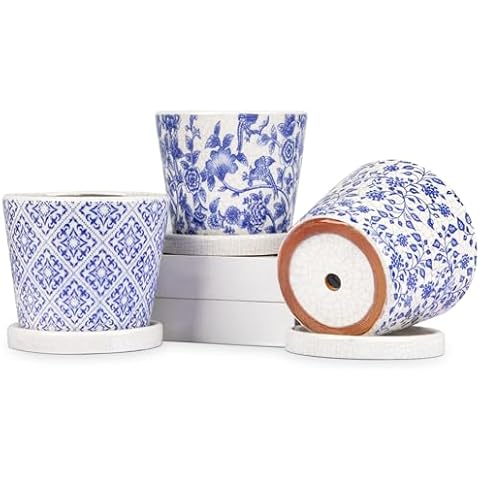Set of 3 Blue and White Ceramic Plant Pots Cover
