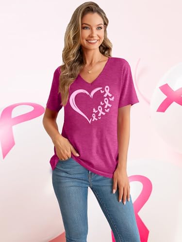 LAZYCHILD Breast Cancer Shirt Women Breast Cancer Awareness Pink Ribbon T-Shirt Cancer Survivor V-Neck Tops2