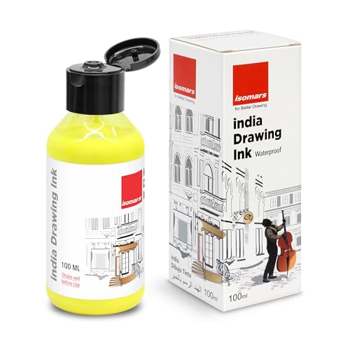 Image of Isomars India Waterproof Drawing Ink - Lemon Yellow- 100ML Bottled Ink, for Paper Board, Canvas,Fabric and Wood Ideal for Designers, Airbrush Artists, Illustrators, Fine Artists and Craft