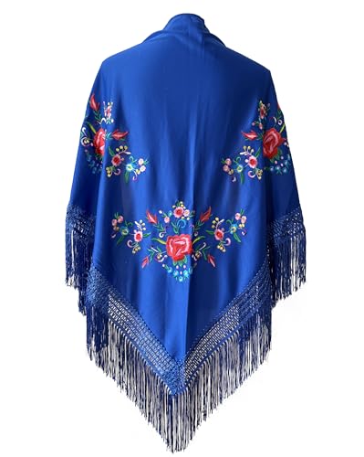 Yusons Mantón de Manila Mujer de Pico en Triángulo, Mantones de Flamenca Bordado en Flores, Mantoncillos de Flamenca de Flor (Azul)
